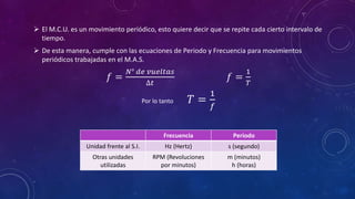  El M.C.U. es un movimiento periódico, esto quiere decir que se repite cada cierto intervalo de
tiempo.
 De esta manera, cumple con las ecuaciones de Periodo y Frecuencia para movimientos
periódicos trabajadas en el M.A.S.
𝑓 =
𝑁° 𝑑𝑒 𝑣𝑢𝑒𝑙𝑡𝑎𝑠
∆𝑡
𝑓 =
1
𝑇
Por lo tanto 𝑇 =
1
𝑓
Frecuencia Periodo
Unidad frente al S.I. Hz (Hertz) s (segundo)
Otras unidades
utilizadas
RPM (Revoluciones
por minutos)
m (minutos)
h (horas)
 
