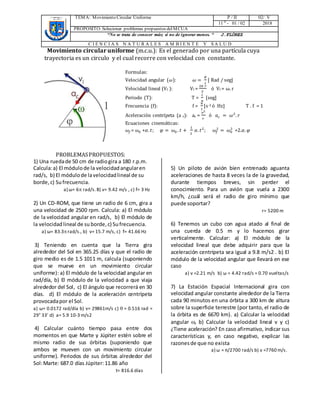 TEMA: Movimiento Circular Uniforme P / II 02/ V
11 0
- 01 / 02 2018
PROPÓSITO: Solucionar problemas propuestos delMCUA
“No se trata de conocer más; si no de ignorar menos. “ J.FLÓREZ
C I E N C I A S N A T U R A L E S A M B I E N T E Y S A L U D
Movimiento circular uniforme (m.c.u.): Es el generado por una partícula cuya
trayectoria es un circulo y el cual recorre con velocidad con constante.
Formulas:
Velocidad angular (𝜔): 𝜔 =
𝜃
𝑡
[ Rad / seg]
Velocidad lineal (Vl ): Vl =
2𝜋 𝑟
𝑇
ó Vl = ω. r
Periodo (T): T =
𝑡
𝑛
[seg]
Frecuencia (f): f =
𝑛
𝑡
[s-1 ó Hz] T . f = 1
Aceleración centrípeta (a c): ac =
𝑣2
𝑟
ó 𝑎 𝑐 = 𝜔2
. 𝑟
Ecuaciones cinemáticas:
𝜔𝑓 = 𝜔0 +𝛼. 𝑡; 𝜑 = 𝜔0 . 𝑡 +
1
2
𝛼. 𝑡2
; 𝜔𝑓
2
= 𝜔0
2
+2.𝛼. 𝜑
PROBLEMASPROPUESTOS:
1) Una ruedade 50 cm de radiogira a 180 r.p.m.
Calcula:a) El módulode la velocidadangularen
rad/s, b) El módulode lavelocidadlineal de su
borde,c) Sufrecuencia.
a) ω= 6 rad/s.B) v= 9.42 m/s , c) f= 3 Hz
2) Un CD-ROM, que tiene un radio de 6 cm, gira a
una velocidad de 2500 rpm. Calcula: a) El módulo
de la velocidad angular en rad/s, b) El módulo de
la velocidadlineal de su borde,c) Sufrecuencia.
a) ω= 83.3rad/s., b) v= 15.7 m/s, c) f= 41.66 Hz
3) Teniendo en cuenta que la Tierra gira
alrededor del Sol en 365.25 días y que el radio de
giro medio es de 1.5 1011 m, calcula (suponiendo
que se mueve en un movimiento circular
uniforme): a) El módulo de la velocidad angular en
rad/día, b) El módulo de la velocidad a que viaja
alrededor del Sol, c) El ángulo que recorrerá en 30
días. d) El módulo de la aceleración centrípeta
provocadapor el Sol.
a) ω= 0.0172 rad/día b) v= 29861m/s c)  = 0.516 rad =
29° 33' d) a= 5.9 10-3 m/s2
4) Calcular cuánto tiempo pasa entre dos
momentos en que Marte y Júpiter estén sobre el
mismo radio de sus órbitas (suponiendo que
ambos se mueven con un movimiento circular
uniforme). Periodos de sus órbitas alrededor del
Sol:Marte: 687.0 días Júpiter: 11.86 año
t= 816.6 días
5) Un piloto de avión bien entrenado aguanta
aceleraciones de hasta 8 veces la de la gravedad,
durante tiempos breves, sin perder el
conocimiento. Para un avión que vuela a 2300
km/h, ¿cuál será el radio de giro mínimo que
puede soportar?
r= 5200 m
6) Tenemos un cubo con agua atado al final de
una cuerda de 0.5 m y lo hacemos girar
verticalmente. Calcular: a) El módulo de la
velocidad lineal que debe adquirir para que la
aceleración centrípeta sea igual a 9.8 m/s2 . b) El
módulo de la velocidad angular que llevará en ese
caso
a) v =2.21 m/s b) ω = 4.42 rad/s = 0.70 vueltas/s
7) La Estación Espacial Internacional gira con
velocidad angular constante alrededor de la Tierra
cada 90 minutos en una órbita a 300 km de altura
sobre la superficie terrestre (por tanto, el radio de
la órbita es de 6670 km). a) Calcular la velocidad
angular , b) Calcular la velocidad lineal v y c)
¿Tiene aceleración? En caso afirmativo, indicar sus
características y, en caso negativo, explicar las
razonesde que no exista
a) ω = π/2700 rad/s b) v =7760 m/s.
 