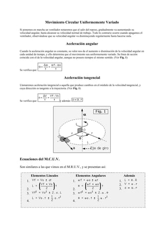 Movimiento Circular Uniformemente Variado
Si ponemos en marcha un ventilador notaremos que al salir del reposo, gradualmente va aumentando su
velocidad angular, hasta alcanzar su velocidad normal de trabajo. Todo lo contrario ocurre cuando apagamos el
ventilador, observándose que su velocidad angular va disminuyendo regularmente hasta hacerse nula.

Aceleración angular
Cuando la aceleración angular es constante, su valor nos da el aumento o disminución de la velocidad angular en
cada unidad de tiempo, y ello determina que el movimiento sea uniformemente variado. Su línea de acción
coincide con el de la velocidad angular, aunque no poseen siempre el mismo sentido. (Ver Fig. 1)

Se verifica que:

Aceleración tangencial
Llamaremos aceleración tangencial a aquella que produce cambios en el módulo de la velocidad tangencial, y
cuya dirección es tangente a la trayectoria. (Ver Fig. 1)

Se verifica que:

y además:

Ecuaciones del M.C.U.V.
Son similares a las que vimos en el M.R.U.V., y se presentan así:
Elementos Lineales

Elementos Angulares

1.

1.

2.
3.

2.
3.

4.

4.

Además
1.
2.
3.

 