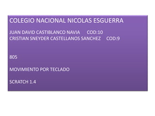 COLEGIO NACIONAL NICOLAS ESGUERRA
JUAN DAVID CASTIBLANCO NAVIA COD:10
CRISTIAN SNEYDER CASTELLANOS SANCHEZ COD:9
805
MOVIMIENTO POR TECLADO
SCRATCH 1.4
 