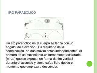 TIRO PARABÓLICO




Un tiro parabólico en el cuerpo se lanza con un
ángulo de elevación . Es resultado de la
combinación de dos movimientos independientes el
primero es un movimiento uniformemente acelerado
(mrua) que se expresa en forma de tiro vertical
durante el ascenso y como caída libre desde el
momento que empieza a descender.
 