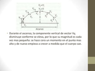• Durante el ascenso, la componente vertical de vector Vy,
  disminuye conforme se eleva, por lo que su magnitud es cada
  vez mas pequeña: se hace cero un momento en el punto mas
  alto y de nuevo empieza a crecer a medida que el cuerpo cae.
 