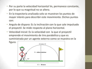 • Por su parte la velocidad horizontal Vx, permanece constante,
  por lo que su magnitud no se altera.
• En la trayectoria analizada solo se muestran los puntos de
  mayor interés para describir este movimiento. Dichos puntos
  son:
• Angulo de disparo: Es la inclinación con la que sale impulsado
  el proyectil. Se mide respecto al plano horizontal.
• Velocidad inicial: Es la velocidad con la que el proyectil
  emprende el movimiento de tiro parabólico y que es
  suministrada por un agente externo como se muestra en la
  figura:
 