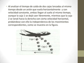 • Al analizar el tiempo de caída de dos cajas lanzadas al mismo
  tiempo desde un avión que vuela horizontalmente y con
  velocidad constante, ambas llegan al suelo al mismo tiempo,
  aunque la caja 1 se dejó caer libremente, mientras que la caja
  2 se lanzó hacia la derecha con cierta velocidad horizontal,
  probándose con ello la independencia de los movimientos
  correspondientes, como se muestra en la figura.
 