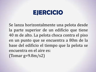 EJERCICIO
Se lanza horizontalmente una pelota desde
la parte superior de un edificio que tiene
40 m de alto. La pelota choca contra el piso
en un punto que se encuentra a 80m de la
base del edificio el tiempo que la pelota se
encuentra en el aire es:
(Tomar g=9.8m/s2)
 
