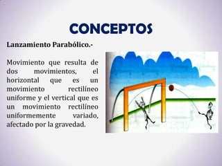 CONCEPTOS
Lanzamiento Parabólico.-

Movimiento que resulta de
dos     movimientos,         el
horizontal que es un
movimiento          rectilíneo
uniforme y el vertical que es
un movimiento rectilíneo
uniformemente        variado,
afectado por la gravedad.
 