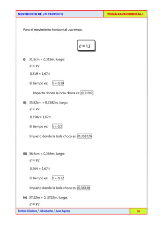 MOVIMIENTO DE UN PROYECTIL                              FISICA EXPERIMENTAL I



    Para el movimiento horizontal usaremos:




                                             e = v.t
    i)   31,9cm = 0,319m, luego:
         e = v.t
         0,319 = 1,67.t

         El tiempo es:     t = 0,19

            Impacto donde la bola choca es: (0,319;0)

    ii) 35,82cm = 0,3582m, luego:
         e = v.t
         0,3582= 1,67.t

         El tiempo es:     t = 0,2

         Impacto donde la bola choca es: (0,3582;0)




    iii) 36,4cm = 0,364m, luego:

         e = v.t
         0,364 = 1,67.t

         El tiempo es:     t = 0,22

         Impacto donde la bola choca es: (0,364;0)

    iv) 37,22m = 0, 3722m, luego:

         e = v.t
Toribio Córdova / Job Abanto / Juan Aquino                               16
 