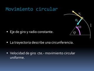 MovimientocircularEje de giro y radio constante.La trayectoria describe una circunferencia.Velocidad de giro  cte.- movimiento circular uniforme.