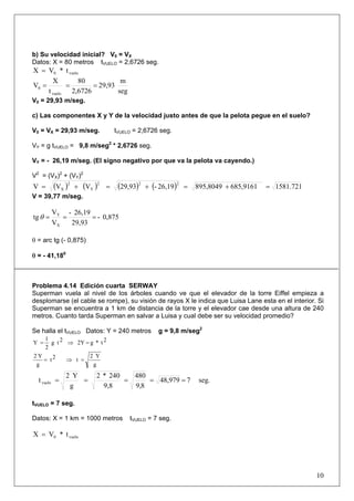 10
b) Su velocidad inicial? V0 = VX
Datos: X = 80 metros tVUELO = 2,6726 seg.
t*VX vuelo0=
seg
m
29,93
2,6726
80
t
X
V
vuelo
0 ===
V0 = 29,93 m/seg.
c) Las componentes X y Y de la velocidad justo antes de que la pelota pegue en el suelo?
V0 = VX = 29,93 m/seg. tVUELO = 2,6726 seg.
VY = g tVUELO = 9,8 m/seg2
* 2,6726 seg.
VY = - 26,19 m/seg. (El signo negativo por que va la pelota va cayendo.)
V2
= (VX)2
+ (VY)2
( ) ( ) ( ) ( ) 1581.721685,9161895,804926,19-29,93VVV
222
Y
2
X =+=+=+=
V = 39,77 m/seg.
0,875-
29,93
26,19-
V
V
tg
X
Y
===θ
θ = arc tg (- 0,875)
θ = - 41,180
Problema 4.14 Edición cuarta SERWAY
Superman vuela al nivel de los árboles cuando ve que el elevador de la torre Eiffel empieza a
desplomarse (el cable se rompe), su visión de rayos X le indica que Luisa Lane esta en el interior. Si
Superman se encuentra a 1 km de distancia de la torre y el elevador cae desde una altura de 240
metros. Cuanto tarda Superman en salvar a Luisa y cual debe ser su velocidad promedio?
Se halla el tVUELO Datos: Y = 240 metros g = 9,8 m/seg2
2t*g2Y2tg
2
1
Y =⇒=
g
Y2
t2t
g
Y2
=⇒=
seg.748,979
8,9
480
9,8
240*2
g
Y2
tvuelo =====
tVUELO = 7 seg.
Datos: X = 1 km = 1000 metros tVUELO = 7 seg.
t*VX vuelo0=
 