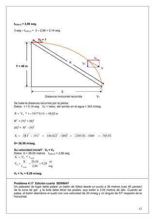 12
tVUELO = 2,86 seg.
3 seg – tVUELO = 3 – 2,86 = 0,14 seg.
Se halla la distancia recorrida por la pelota
Datos: t = 0,14 seg. VX = veloc. del sonido en el agua = 343 m/seg.
m48,020,14*343t*VR 0 ===
R2
= (Y)2
+ (X)2
(X)2
= R2
- (Y)2
( ) ( ) ( ) 705,921600-2305,9240-48,02(Y)-RX
2222
====
X= 26,56 m/seg.
Su velocidad inicial? V0 = VX
Datos: X = 26,56 metros tVUELO = 2,86 seg.
t*VX vuelo0=
seg
m
9,28
2,86
26,56
t
X
V
vuelo
0 ===
V0 = VX = 9,28 m/seg.
Problema 4.17 Edición cuarta SERWAY
Un pateador de lugar debe patear un balón de fútbol desde un punto a 36 metros (casi 40 yardas)
de la zona de gol y la bola debe librar los postes, que están a 3,05 metros de alto. Cuando se
patea, el balón abandona el suelo con una velocidad de 20 m/seg y un ángulo de 530
respecto de la
horizontal.
V0 = ?
V
VY
VY
VX
Y = 40 m
X
Distancia horizontal recorrida
R
 