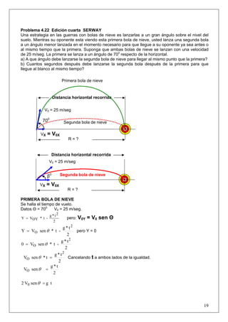 19
Problema 4.22 Edición cuarta SERWAY
Una estrategia en las guerras con bolas de nieve es lanzarlas a un gran ángulo sobre el nivel del
suelo. Mientras su oponente esta viendo esta primera bola de nieve, usted lanza una segunda bola
a un ángulo menor lanzada en el momento necesario para que llegue a su oponente ya sea antes o
al mismo tiempo que la primera. Suponga que ambas bolas de nieve se lanzan con una velocidad
de 25 m/seg. La primera se lanza a un ángulo de 700
respecto de la horizontal.
a) A que ángulo debe lanzarse la segunda bola de nieve para llegar al mismo punto que la primera?
b) Cuantos segundos después debe lanzarse la segunda bola después de la primera para que
llegue al blanco al mismo tiempo?
PRIMERA BOLA DE NIEVE
Se halla el tiempo de vuelo.
Datos Θ = 700
V0 = 25 m/seg.
2
2t*g
-t*OYVY = pero: V0Y = V0 sen Θ
2
t*g
-t*senVY
2
O θ= pero Y = 0
2
t*g
-t*senV0
2
O θ=
2
t*g
t*senV
2
O =θ Cancelando t a ambos lados de la igualdad.
2
t*g
senVO =θ
tgsenV2 0 =θ
Distancia horizontal recorrida
β0
V0 = 25 m/seg
V0 = 25 m/seg
Segunda bola de nieve
Segunda bola de nieve
Primera bola de nieve
VX = V0X
R = ?
700
VX = V0X
R = ?
Distancia horizontal recorrida
 
