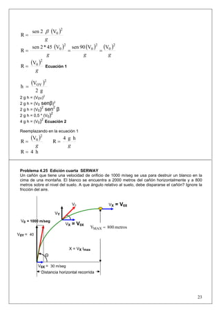 23
( )
g
2
0V2sen
R
β
=
( ) ( ) ( )
ggg
2
0
2
0
2
0 VV90senV45*2sen
R ===
( )
g
2
0V
R = Ecuación 1
( )
g2
V
h
2
OY
=
2 g h = (V0Y)2
2 g h = (V0 senβ)2
2 g h = (V0)2
sen2
β
2 g h = 0,5 * (V0)2
4 g h = (V0)2
Ecuación 2
Reemplazando en la ecuación 1
( )
g
2
0V
R =
g
hg4
R =
h4R =
Problema 4.25 Edición cuarta SERWAY
Un cañón que tiene una velocidad de orificio de 1000 m/seg se usa para destruir un blanco en la
cima de una montaña. El blanco se encuentra a 2000 metros del cañón horizontalmente y a 800
metros sobre el nivel del suelo. A que ángulo relativo al suelo, debe dispararse el cañón? Ignore la
fricción del aire.
Θ
Distancia horizontal recorrida
V0X = 30 m/seg
VX = V0X
V0 = 1000 m/seg
V0
V0Y = 40
VY
VX = V0X
X = VX tmax
metros800YMAX =
 