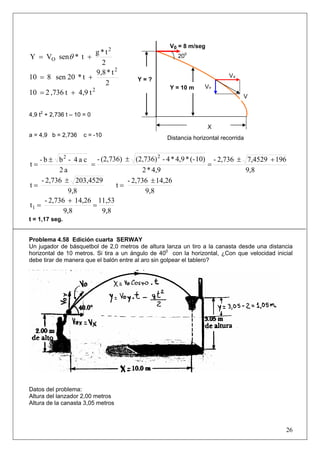 26
2
t*g
t*senVY
2
O += θ
2
t*9,8
t*20sen810
2
+=
2
t4,9t,736210 +=
4,9 t2
+ 2,736 t – 10 = 0
a = 4,9 b = 2,736 c = -10
9,8
1967,45292,736-
4,9*2
10)(-*4,9*4-(2,736)(2,736)-
a2
ca4-bb-
t
22
+±
=
±
=
±
=
9,8
203,45292,736-
t
±
=
9,8
14,262,736-
t
±
=
9,8
11,53
9,8
14,262,736-
t1 =
+
=
t = 1,17 seg.
Problema 4.58 Edición cuarta SERWAY
Un jugador de básquetbol de 2,0 metros de altura lanza un tiro a la canasta desde una distancia
horizontal de 10 metros. Si tira a un ángulo de 400
con la horizontal, ¿Con que velocidad inicial
debe tirar de manera que el balón entre al aro sin golpear el tablero?
Datos del problema:
Altura del lanzador 2,00 metros
Altura de la canasta 3,05 metros
V0 = 8 m/seg
200
Y = ?
V
VY
VX
X
Distancia horizontal recorrida
Y = 10 m
 