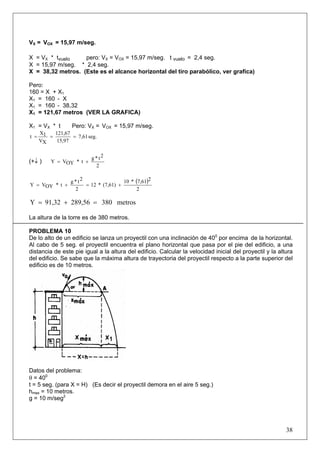 38
VX = VOX = 15,97 m/seg.
X = VX * tvuelo pero: VX = VOX = 15,97 m/seg. t vuelo = 2,4 seg.
X = 15,97 m/seg. * 2,4 seg.
X = 38,32 metros. (Este es el alcance horizontal del tiro parabólico, ver grafica)
Pero:
160 = X + X1
X1 = 160 - X
X1 = 160 - 38,32
X1 = 121,67 metros (VER LA GRAFICA)
X1 = VX * t Pero: VX = VOX = 15,97 m/seg.
seg.7,61
15,97
121,67
XV
1X
t ===
(+↓ )
2
2t*g
t*OYVY +=
( )
2
27,61*10
(7,61)*12
2
2t*g
t*OYVY +=+=
metros380289,5691,32Y =+=
La altura de la torre es de 380 metros.
PROBLEMA 10
De lo alto de un edificio se lanza un proyectil con una inclinación de 400
por encima de la horizontal.
Al cabo de 5 seg. el proyectil encuentra el plano horizontal que pasa por el pie del edificio, a una
distancia de este pie igual a la altura del edificio. Calcular la velocidad inicial del proyectil y la altura
del edificio. Se sabe que la máxima altura de trayectoria del proyectil respecto a la parte superior del
edificio es de 10 metros.
Datos del problema:
θ = 400
t = 5 seg. (para X = H) (Es decir el proyectil demora en el aire 5 seg.)
hmax = 10 metros.
g = 10 m/seg2
 