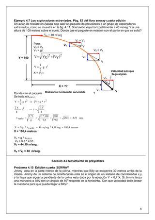 6
Ejemplo 4.7 Los exploradores extraviados. Pág. 82 del libro serway cuarta edición
Un avión de rescate en Alaska deja caer un paquete de provisiones a un grupo de exploradores
extraviados, como se muestra en la fig. 4.11. Si el avión viaja horizontalmente a 40 m/seg. Y a una
altura de 100 metros sobre el suelo. Donde cae el paquete en relación con el punto en que se soltó?
Donde cae el paquete en relación con el punto en que se soltó?
Se halla el tVUELO
2t*g2Y2tg
2
1
Y =⇒=
g
Y2
t2t
g
Y2
=⇒=
seg.4,5120,4
9,8
200
9,8
100*2
g
Y2
vuelot =====
metros180,4seg4,51*segm40vuelot*0VX ===
X = 180,4 metros
VY = g * tVUELO
VY = 9,8 * 4,51
VY = 44,19 m/seg.
VX = V0 = 40 m/seg.
Seccion 4.3 Movimiento de proyectiles
Problema 4.10 Edición cuarta SERWAY
Jimmy esta en la parte inferior de la colina, mientras que Billy se encuentra 30 metros arriba de la
misma. Jimmy de un sistema de coordenadas esta en el origen de un sistema de coordenadas x,y
y la línea que sigue la pendiente de la colina esta dada por la ecuación Y = 0,4 X. Si Jimmy lanza
una manzana a Billy con un ángulo de 500
respecto de la horizontal. Con que velocidad debe lanzar
la manzana para que pueda llegar a Billy?
V0 = VX
V0 = 40 m/seg
X = ??
Pero:
V0 = VX
VY = g t
( ) ( )2
YV2
XVV +=
2
tg
2
1
Y =
X = V0 t
V
V
V
VY
VY
VX
V0 = VX
Velocidad con que
llega al piso
θ
Y = 100
Distancia horizontal recorrida
VY
 