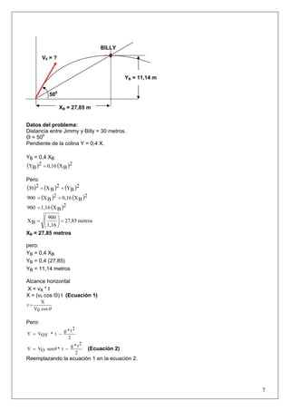 7
Datos del problema:
Distancia entre Jimmy y Billy = 30 metros.
Θ = 500
Pendiente de la colina Y = 0,4 X.
YB = 0,4 XB
( ) ( )2
BX0,162
BY =
Pero:
( ) ( ) ( )2
BY2
BX230 +=
( ) ( )2
BX0,162
BX900 +=
( )2
BX1,16900 =
metros27,85
1,16
900
BX =⎟⎟
⎠
⎞
⎜⎜
⎝
⎛
=
XB = 27,85 metros
pero:
YB = 0,4 XB
YB = 0,4 (27,85)
YB = 11,14 metros
Alcance horizontal
X = vX * t
X = (v0 cos Θ) t (Ecuación 1)
θcos0V
X
t =
Pero:
2
2t*g
t*OYVY −=
2
2t*g
t*senOVY −= θ (Ecuación 2)
Reemplazando la ecuación 1 en la ecuación 2.
500
BILLY
XB = 27,85 m
YB = 11,14 m
V0 = ?
 