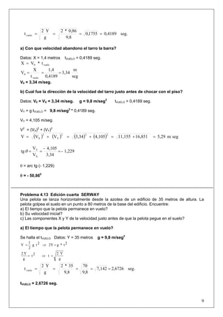 9
seg.0,41891755,0
9,8
0,86*2
g
Y2
tvuelo ====
a) Con que velocidad abandono el tarro la barra?
Datos: X = 1,4 metros tVUELO = 0,4189 seg.
t*VX vuelo0=
seg
m
3,34
0,4189
1,4
t
X
V
vuelo
0 ===
V0 = 3,34 m/seg.
b) Cual fue la dirección de la velocidad del tarro justo antes de chocar con el piso?
Datos: V0 = VX = 3,34 m/seg. g = 9,8 m/seg2
tVUELO = 0,4189 seg.
VY = g tVUELO = 9,8 m/seg2
* 0,4189 seg.
VY = 4,105 m/seg.
V2
= (VX)2
+ (VY)2
( ) ( ) ( ) ( ) segm5,2916,85111,1554,1053,34VVV
222
Y
2
X =+=+=+=
1,229-
3,34
4,105-
V
V
tg
X
Y
===θ
θ = arc tg (- 1,229)
θ = - 50,860
Problema 4.13 Edición cuarta SERWAY
Una pelota se lanza horizontalmente desde la azotea de un edificio de 35 metros de altura. La
pelota golpea el suelo en un punto a 80 metros de la base del edificio. Encuentre:
a) El tiempo que la pelota permanece en vuelo?
b) Su velocidad inicial?
c) Las componentes X y Y de la velocidad justo antes de que la pelota pegue en el suelo?
a) El tiempo que la pelota permanece en vuelo?
Se halla el tVUELO Datos: Y = 35 metros g = 9,8 m/seg2
2t*g2Y2tg
2
1
Y =⇒=
g
Y2
t2t
g
Y2
=⇒=
seg.2,67267,142
8,9
70
9,8
35*2
g
Y2
tvuelo =====
tVUELO = 2,6726 seg.
 