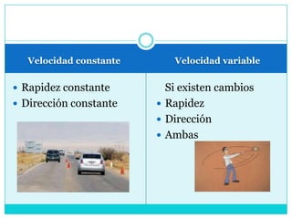 Velocidad constanteVelocidad variableRapidez constanteDirección constante	Si existen cambiosRapidezDirección Ambas