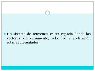Un sistema de referencia es un espacio donde los vectores: desplazamiento, velocidad y aceleración están representados.