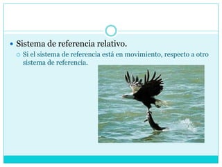 Sistema de referencia relativo.	Si el sistema de referencia está en movimiento, respecto a otro  sistema de referencia.