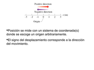 Posición se mide con un sistema de coordenada(s)
donde se escoge un origen arbitrariamente.
El signo del desplazamiento corresponde a la dirección
del movimiento.
 
