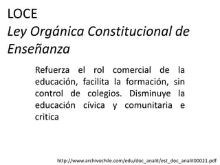 LOCE
Ley Orgánica Constitucional de
Enseñanza
    Refuerza el rol comercial de la
    educación, facilita la formación, sin
    control de colegios. Disminuye la
    educación cívica y comunitaria e
    critica



         http://www.archivochile.com/edu/doc_analit/est_doc_analit00021.pdf
 