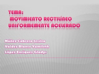 Tema: Movimiento Rectilíneo Uniformemente Acelerado  Núñez Cabrera Jessica Valdez Blanco Yamileth López Enríquez Gladys 