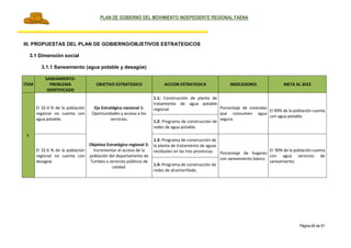 PLAN DE GOBIERNO DEL MOVIMIENTO INDEPEDIENTE REGIONAL FAENA
Página 64 de 91
III. PROPUESTAS DEL PLAN DE GOBIERNO/OBJETIVOS ESTRATEGICOS
3.1 Dimensión social
3.1.1 Saneamiento (agua potable y desagüe)
ITEM
SANEAMIENTO-
PROBLEMA
IDENTIFICADO
OBJETIVO ESTRATEGICO ACCION ESTRATEGICA INDICADORES META AL 2022
I.
El 32.4 % de la población
regional no cuenta con
agua potable.
Eje Estratégico nacional 1:
Oportunidades y acceso a los
servicios.
1.1: Construcción de planta de
tratamiento de agua potable
regional. Porcentaje de viviendas
que consumen agua
segura.
El 90% de la población cuenta
con agua potable.
1.2: Programa de construcción de
redes de agua potable.
El 32.6 % de la población
regional no cuenta con
desagüe.
Objetivo Estratégico regional 2:
Incrementar el acceso de la
población del departamento de
Tumbes a servicios públicos de
calidad.
1.3: Programa de construcción de
la planta de tratamiento de aguas
residuales en las tres provincias. Porcentaje de hogares
con saneamiento básico
El 90% de la población cuenta
con agua servicios de
saneamiento.
1.4: Programa de construcción de
redes de alcantarillado.
 