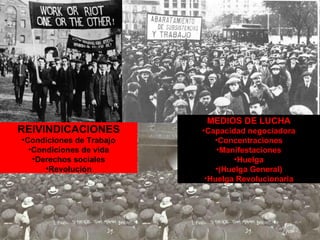 REIVINDICACIONES Condiciones de Trabajo Condiciones de vida Derechos sociales Revolución MEDIOS DE LUCHA Capacidad negociadora Concentraciones Manifestaciones Huelga (Huelga General) Huelga Revolucionaria 