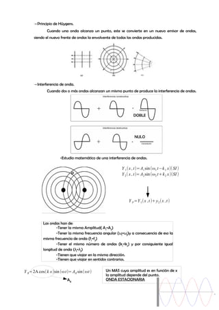 → Principio de Hüygens.
Cuando una onda alcanza un punto, este se convierte en un nuevo emisor de ondas,
siendo el nuevo frente de ondas la envolvente de todas las ondas producidas.

→ Interferencia de onda.
Cuando dos o más ondas alcanzan un mismo punto de produce la interferencia de ondas.

DOBLE

NULO

-Estudio matemático de una interferencia de ondas.

P

Y 1 ( x , t)=A1 sin (ω1 t−k 1 x)( SI )
Y 2 ( x , t)= A2 sin (ω2 t+k 2 x )(SI )

Y P =Y 1 ( x ,t )+ y 2 (x ,t )

Las ondas han de:
-Tener la misma Amplitud( A1=A2)
-Tener la misma frecuencia angular (ω1=ω2)y a consecuencia de eso la
misma frecuencia de onda (f1=f2)
-Tener el mismo número de ondas (k 1=k2) y por consiguiente igual
longitud de onda (λ1=λ2)
-Tienen que viajar en la misma dirección.
-Tienen que viajar en sentidos contrarios.

Y R=2A cos(k x )sin (ω t)= AR sin( ωt )
AR

Un MAS cuya amplitud es en función de x
la amplitud depende del punto.
ONDA ESTACIONARIA

 