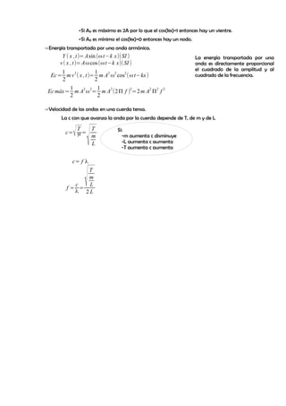 ~Si AR es máximo es 2A por lo que el cos(kx)=1 entonces hay un vientre.
~Si AR es mínimo el cos(kx)=0 entonces hay un nodo.
→ Energía transportada por una onda armónica.

Y ( x , t)= Asin (ω t−k x)(SI )
v ( x , t)= Aω cos (ω t−k x)(SI )
1
1
Ec= m v 2 ( x , t)= m A2 ω2 cos2 (ω t−kx )
2
2

La energía transportada por una
onda es directamente proporcional
el cuadrado de la amplitud y al
cuadrado de la frecuencia.

1
1
Ec máx= m A2 ω 2= m A2 (2 Π f )2=2 m A2 Π2 f 2
2
2
→ Velocidad de las ondas en una cuerda tensa.
La c con que avanza la onda por la cuerda depende de T, de m y de L

√

√

T
T
c= μ =
m
L
c= f λ

√

T
m
c
L
f= =
λ 2L

Si:
-m aumenta c disminuye
-L aumenta c aumenta
-T aumenta c aumenta

 