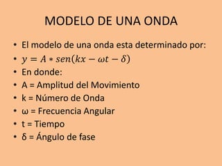 MODELO DE UNA ONDA
• El modelo de una onda esta determinado por:
• 𝑦 = 𝐴 ∗ 𝑠𝑒𝑛 𝑘𝑥 − 𝜔𝑡 − 𝛿
• En donde:
• A = Amplitud del Movimiento
• k = Número de Onda
• ω = Frecuencia Angular
• t = Tiempo
• δ = Ángulo de fase
 