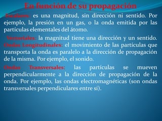 En función de su propagación
Escalares: es una magnitud, sin dirección ni sentido. Por
ejemplo, la presión en un gas, o la onda emitida por las
partículas elementales del átomo.
Vectoriales: la magnitud tiene una dirección y un sentido.
Ondas Longitudinales: el movimiento de las partículas que
transporta la onda es paralelo a la dirección de propagación
de la misma. Por ejemplo, el sonido.
Ondas Transversales: las partículas se mueven
perpendicularmente a la dirección de propagación de la
onda. Por ejemplo, las ondas electromagnéticas (son ondas
transversales perpendiculares entre sí).
 