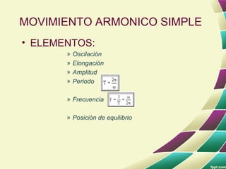 MOVIMIENTO ARMONICO SIMPLE
• ELEMENTOS:
       »   Oscilación
       »   Elongación
       »   Amplitud
       »   Periodo

       » Frecuencia

       » Posición de equilibrio
 