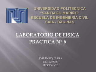 LABORATORIO DE FISICA
PRACTICA Nº 6

JOSE ENRIQUE SIRA
C.I. 14.759.537
SECCION 42C

 