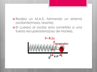  Realiza un M.A.S, formando un sistema
oscilante(masa, resorte).
 El cuerpo al oscilar esta sometido a una
fuerza recuperadora(Ley de Hooke).
 