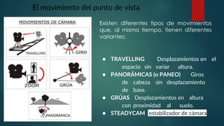 El movimiento del punto de vista
● TRAVELLING Desplazamientos en el
espacio sin variar altura.
● PANORÁMICAS (o PANEO) Giros
de cabeza sin desplazamiento
de base.
● GRÚAS Desplazamientos en altura
con proximidad al suelo.
● STEADYCAM estabilizador de cámara
Existen diferentes tipos de movimientos
que, al mismo tiempo, tienen diferentes
variantes:
 