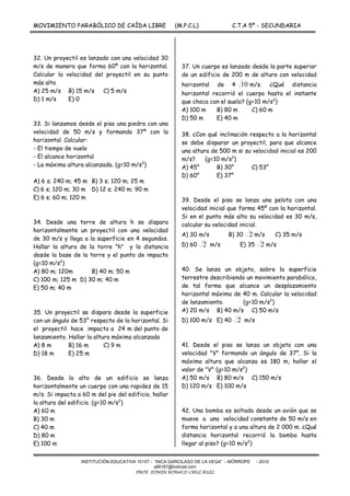 MOVIMIENTO PARABÓLICO DE CAÍDA LIBRE (M.P.C.L) C.T.A 5º - SECUNDARIA
-
INSTITUCIÓN EDUCATIVA 10157 - “INCA GARCILASO DE LA VEGA” - MÓRROPE - 2010
alfil187@hotmail.com
PROF. EDWIN RONALD CRUZ RUIZ
32. Un proyectil es lanzado con una velocidad 30
m/s de manera que forma 60º con la horizontal.
Calcular la velocidad del proyectil en su punto
más alto
A) 25 m/s B) 15 m/s C) 5 m/s
D) 1 m/s E) 0
33. Si lanzamos desde el piso una piedra con una
velocidad de 50 m/s y formando 37º con la
horizontal. Calcular:
- El tiempo de vuelo
- El alcance horizontal
- La máxima altura alcanzada. (g=10 m/s2
)
A) 6 s; 240 m; 45 m B) 3 s; 120 m; 25 m
C) 6 s; 120 m; 30 m D) 12 s; 240 m; 90 m
E) 6 s; 60 m; 120 m
34. Desde una torre de altura h se dispara
horizontalmente un proyectil con una velocidad
de 30 m/s y llega a la superficie en 4 segundos.
Hallar la altura de la torre "h" y la distancia
desde la base de la torre y el punto de impacto
(g=10 m/s2
)
A) 80 m; 120m B) 40 m; 50 m
C) 100 m; 125 m D) 30 m; 40 m
E) 50 m; 40 m
35. Un proyectil se dispara desde la superficie
con un ángulo de 53° respecto de la horizontal. Si
el proyectil hace impacto a 24 m del punto de
lanzamiento. Hallar la altura máxima alcanzada
A) 8 m B) 16 m C) 9 m
D) 18 m E) 25 m
36. Desde lo alto de un edificio se lanza
horizontalmente un cuerpo con una rapidez de 15
m/s. Si impacta a 60 m del pie del edificio, hallar
la altura del edificio. (g=10 m/s2
)
A) 60 m
B) 30 m
C) 40 m
D) 80 m
E) 100 m
37. Un cuerpo es lanzado desde la parte superior
de un edificio de 200 m de altura con velocidad
horizontal de 4 10 m/s. ¿Qué distancia
horizontal recorrió el cuerpo hasta el instante
que choca con el suelo? (g=10 m/s2
)
A) 100 m B) 80 m C) 60 m
D) 50 m E) 40 m
38. ¿Con qué inclinación respecto a la horizontal
se debe disparar un proyectil, para que alcance
una altura de 500 m si su velocidad inicial es 200
m/s? (g=10 m/s2
)
A) 45° B) 30° C) 53°
D) 60° E) 37°
39. Desde el piso se lanza una pelota con una
velocidad inicial que forma 45º con la horizontal.
Si en el punto más alto su velocidad es 30 m/s,
calcular su velocidad inicial.
A) 30 m/s B) 30 2 m/s C) 35 m/s
D) 60 2 m/s E) 35 2 m/s
40. Se lanza un objeto, sobre la superficie
terrestre describiendo un movimiento parabólico,
de tal forma que alcance un desplazamiento
horizontal máximo de 40 m. Calcular la velocidad
de lanzamiento. (g=10 m/s2
)
A) 20 m/s B) 40 m/s C) 50 m/s
D) 100 m/s E) 40 2 m/s
41. Desde el piso se lanza un objeto con una
velocidad "V" formando un ángulo de 37°. Si la
máxima altura que alcanza es 180 m, hallar el
valor de "V" (g=10 m/s2
)
A) 50 m/s B) 80 m/s C) 150 m/s
D) 120 m/s E) 100 m/s
42. Una bomba es soltada desde un avión que se
mueve a una velocidad constante de 50 m/s en
forma horizontal y a una altura de 2 000 m. ¿Qué
distancia horizontal recorrió la bomba hasta
llegar al piso? (g=10 m/s2
)
 