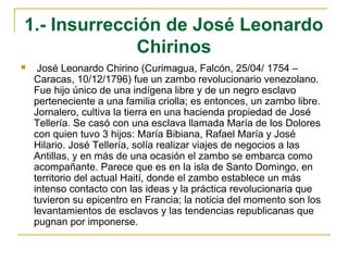 1.- Insurrección de José Leonardo
Chirinos
 José Leonardo Chirino (Curimagua, Falcón, 25/04/ 1754 –
Caracas, 10/12/1796) ...