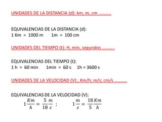 UNIDADES DE LA DISTANCIA (d): km, m, cm ………..
EQUIVALENCIAS DE LA DISTANCIA (d):
1 Km = 1000 m 1m = 100 cm
UNIDADES DEL TIEMPO (t): H, min, segundos ………..
EQUIVALENCIAS DEL TIEMPO (t):
1 h = 60 min 1min = 60 s 1h = 3600 s
UNIDADES DE LA VELOCIDAD (V):, Km/h; m/s; cm/s ………..
 