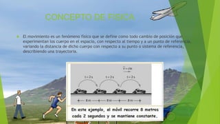 CONCEPTO DE FISICA
 El movimiento es un fenómeno físico que se define como todo cambio de posición que
experimentan los cuerpo en el espacio, con respecto al tiempo y a un punto de referencia,
variando la distancia de dicho cuerpo con respecto a su punto o sistema de referencia,
describiendo una trayectoria.
 