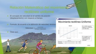 Relación Matemático del movimiento
rectilíneo uniforme
 El concepto de velocidad es el cambio de posición
(desplazamiento) con respecto al tiempo.
 Formula: de acuerdo a la definición de velocidad, tendremos:
Velocidad =
𝑝𝑜𝑠𝑖𝑐𝑖𝑜𝑛
𝑡𝑖𝑒𝑚𝑝𝑜 𝑒𝑚𝑝𝑙𝑒𝑎𝑑𝑜
 Ósea que :
V=
𝑋
𝑡
V= velocidad (
𝑚
𝑠
) X= posición t = tiempo
 
