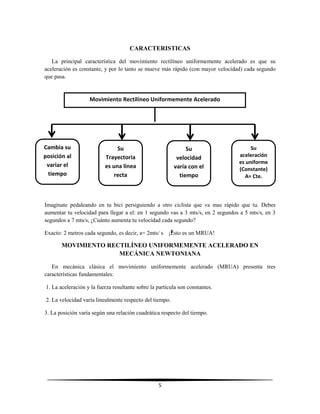 CARACTERISTICAS
La principal característica del movimiento rectilíneo uniformemente acelerado es que su
aceleración es constante, y por lo tanto se mueve más rápido (con mayor velocidad) cada segundo
que pasa.

Movimiento Rectilíneo Uniformemente Acelerado

Cambia su
posición al
variar el
tiempo

Su
Trayectoria
es una línea
recta

Su
velocidad
varía con el
tiempo

Su
aceleración
es uniforme
(Constante)
A= Cte.

Imagínate pedaleando en tu bici persiguiendo a otro ciclista que va mas rápido que tu. Debes
aumentar tu velocidad para llegar a el: en 1 segundo vas a 3 mts/s, en 2 segundos a 5 mts/s, en 3
segundos a 7 mts/s, ¿Cuánto aumenta tu velocidad cada segundo?
2
Exacto: 2 metros cada segundo, es decir, a= 2mts/ s ¡Esto es un MRUA!

MOVIMIENTO RECTILÍNEO UNIFORMEMENTE ACELERADO EN
MECÁNICA NEWTONIANA
En mecánica clásica el movimiento uniformemente acelerado (MRUA) presenta tres
características fundamentales:
1. La aceleración y la fuerza resultante sobre la partícula son constantes.
2. La velocidad varía linealmente respecto del tiempo.
3. La posición varía según una relación cuadrática respecto del tiempo.

5

 