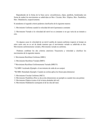 Dependiendo de la forma de la línea curva: circunferencia, elipse, parábola, hondonadas (en
forma de ondas) los movimientos se subdividen en Mov. Circular, Mov. Elíptico, Mov. Parabólico,
Mov. Ondulatorio, respectivamente.
Si atendemos el segundo criterio podemos clasificarlos de la siguiente manera:
1. Movimiento Uniforme cuando la velocidad del móvil permanece constante
2. Movimiento Variado si la velocidad del móvil no es constante si no que varía de un instante a
otro.

En algunos casos la velocidad de un móvil cambia de manera uniforme respecto al tiempo en
otros casos esto no es así de donde tenemos que el movimiento variado se subdivide en dos:
Movimiento uniformemente variado y Movimiento variado no uniforme.
Podemos combinar los dos criterios anteriores Trayectoria y velocidad y clasificar los
movimientos de la siguiente manera
1. Movimiento Rectilíneo Uniforme (MRU)
2. Movimiento Rectilíneo Variado (MRV)
* Movimiento Rectilíneo Uniformemente Variado (MRUV)
*A) MRU Acelerado (Ejemplo: el movimiento de caída de un cuerpo)
*B) MRU Retardado (Ejemplo: Cuando un ciclista aplica los frenos para detenerse)
3. Movimiento Circular Uniforme (MCU)
4. Movimiento Parabólico (Pero se da en dos dimensiones un ejemplo es cuando tiras una pelota)
5. Movimiento Elíptico (como el de la tierra alrededor del sol)
6. Movimiento Ondulatorio (semejante al de las olas del mar)

7

 