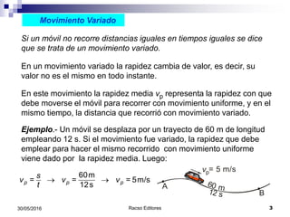 Racso Editores 330/05/2016
Si un móvil no recorre distancias iguales en tiempos iguales se dice
que se trata de un movimiento variado.
Movimiento Variado
En un movimiento variado la rapidez cambia de valor, es decir, su
valor no es el mismo en todo instante.
En este movimiento la rapidez media vp representa la rapidez con que
debe moverse el móvil para recorrer con movimiento uniforme, y en el
mismo tiempo, la distancia que recorrió con movimiento variado.
Ejemplo.- Un móvil se desplaza por un trayecto de 60 m de longitud
empleando 12 s. Si el movimiento fue variado, la rapidez que debe
emplear para hacer el mismo recorrido con movimiento uniforme
viene dado por la rapidez media. Luego:
A 60 m
B
vp= 5 m/s
12 s
 
60m
5m/s
12sp p p
s
v = v = v =
t
 