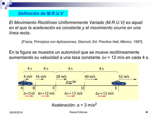 Racso Editores 430/05/2016
El Movimiento Rectilíneo Uniformemente Variado (M.R.U.V) es aquel
en el que la aceleración es constante y el movimiento ocurre en una
línea recta.
[Física, Principios con Aplicaciones, Giancoli, Ed. Prentice Hall, México, 1997].
Definición de M.R.U.V
En la figura se muestra un automóvil que se mueve rectilíneamente
aumentando su velocidad a una tasa constante Dv = 12 m/s en cada 4 s.
Aceleración: a = 3 m/s2
 