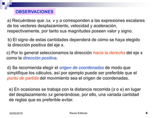 Racso Editores 630/05/2016
OBSERVACIONES
a) Recuérdese que Dx, v y a corresponden a las expresiones escalares
de los vectores desplazamiento, velocidad y aceleración,
respectivamente, por tanto sus magnitudes poseen valor y signo.
b) El signo de estas cantidades dependerá de cómo se haya elegido
la dirección positiva del eje x.
c) Por lo general seleccionamos la dirección hacia la derecha del eje x
como la dirección positiva.
d) Se recomienda elegir el origen de coordenadas de modo que
simplifique los cálculos, así por ejemplo puede ser preferible que el
punto de partida del movimiento sea el origen de coordenadas.
e) En ocasiones se trabaja con la distancia recorrida (s o e) en lugar
del desplazamiento Dx generándose, por ello, una variada cantidad
de reglas que es preferible evitar.
 