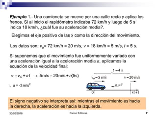 Racso Editores 730/05/2016
Ejemplo 1.- Una camioneta se mueve por una calle recta y aplica los
frenos. Si al inicio el rapidómetro indicaba 72 km/h y luego de 5 s
indica 18 km/h, ¿cuál fue su aceleración media?.
Elegimos el eje positivo de las x como la dirección del movimiento.
Los datos son: vo= 72 km/h = 20 m/s, v = 18 km/h = 5 m/s, t = 5 s.
Si suponemos que el movimiento fue uniformemente variado con
una aceleración igual a la aceleración media a, aplicamos la
ecuación de la velocidad final:
El signo negativo se interpreta así: mientras el movimiento es hacia
la derecha, la aceleración es hacia la izquierda.
o + 5m/s = 20m/s+ (5s)v = v at a
 2
= -3m/sa
 