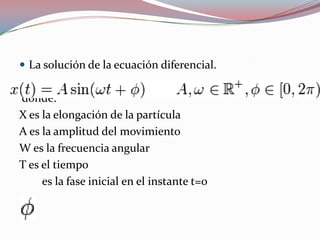 La solución de la ecuación diferencial.donde:X es la elongación de la partículaA es la amplitud del movimientoW es la frecuencia angularT es el tiempo        es la fase inicial en el instante t=0