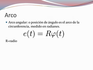ArcoArco angular: o posición de ángulo es el arco de la circunferencia, medido en radianes.R=radio.